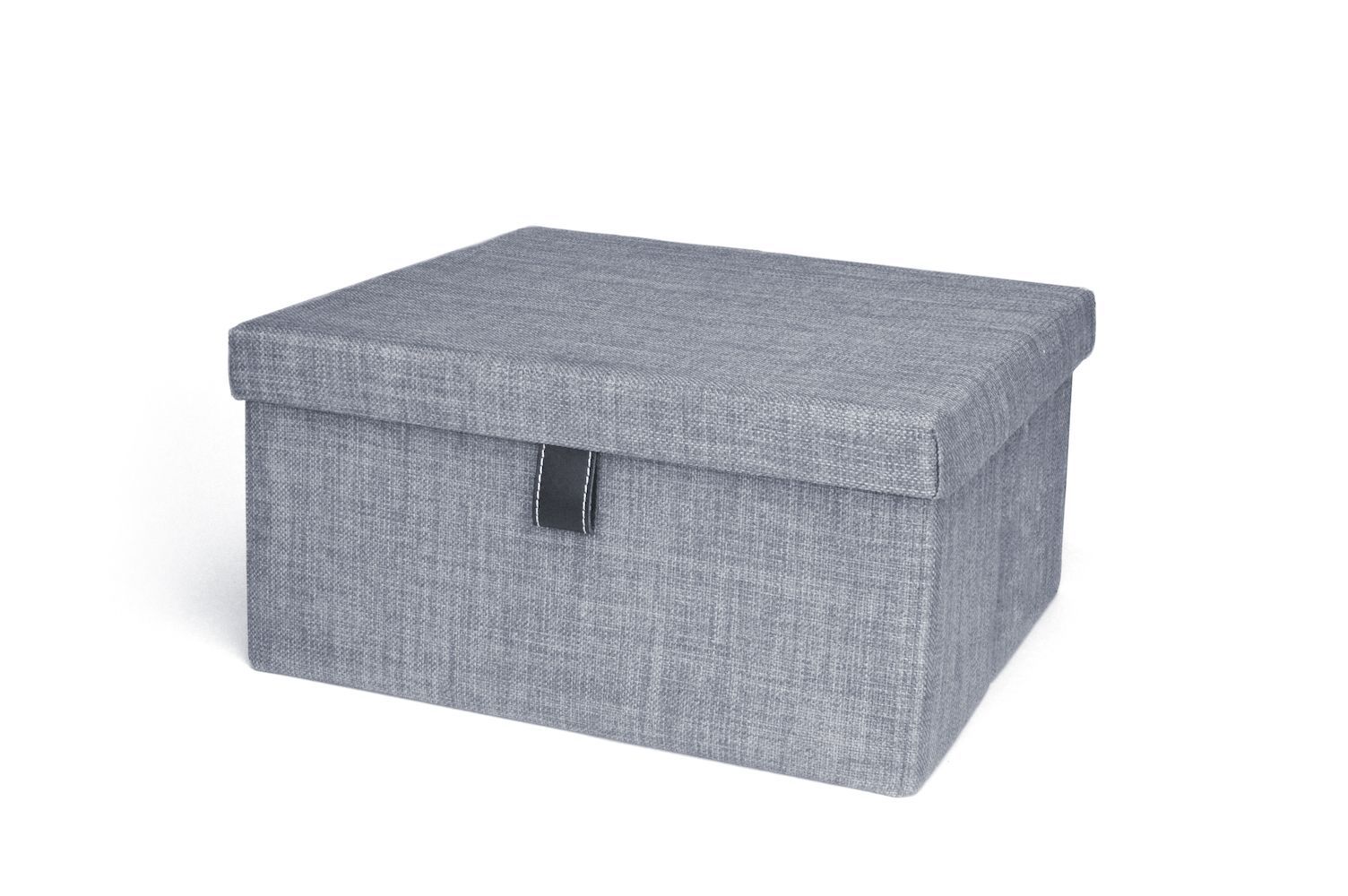 A grey box with a black handle on a white background.