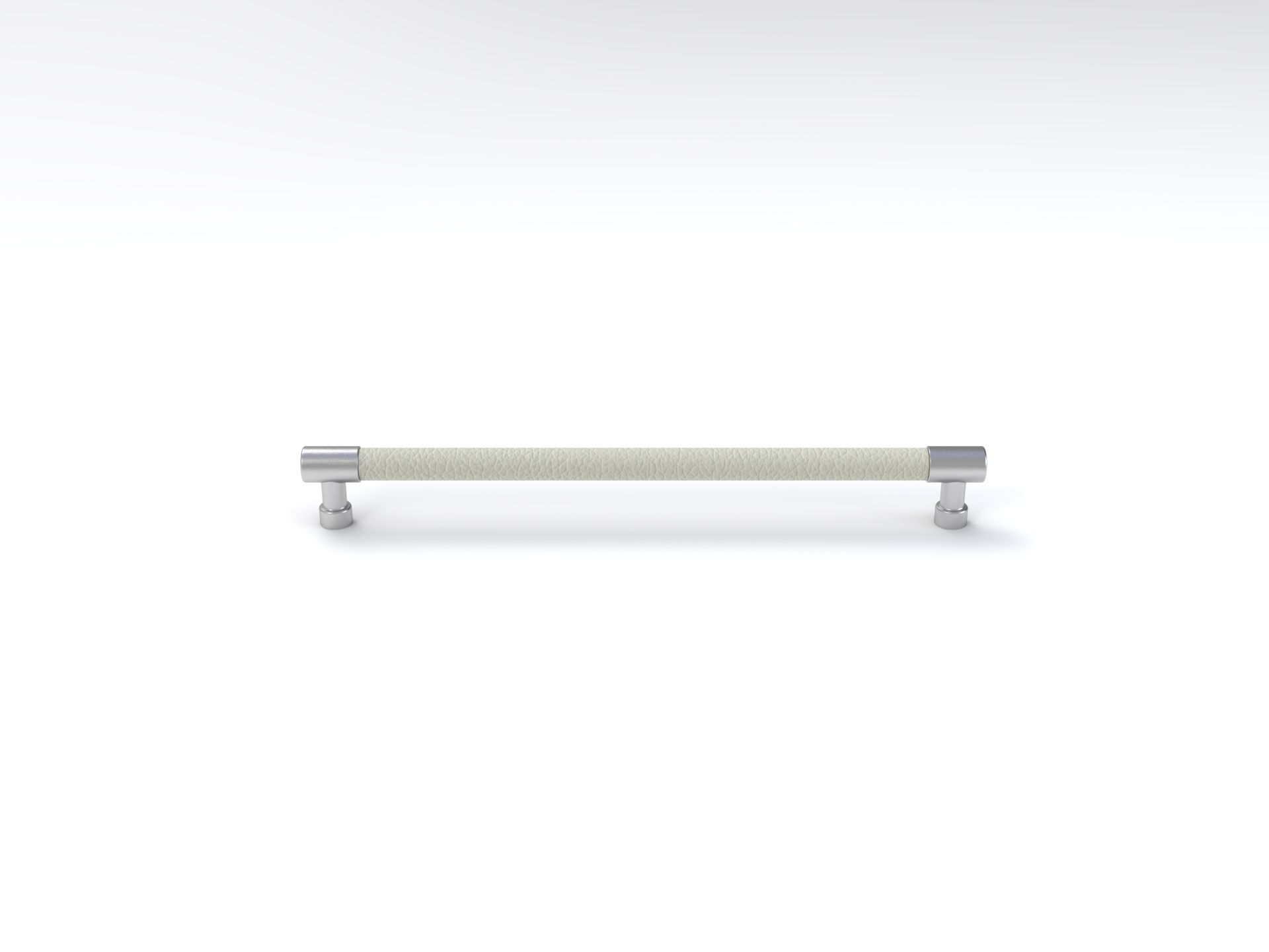 A stainless steel handle with a white leather strap on a white background.