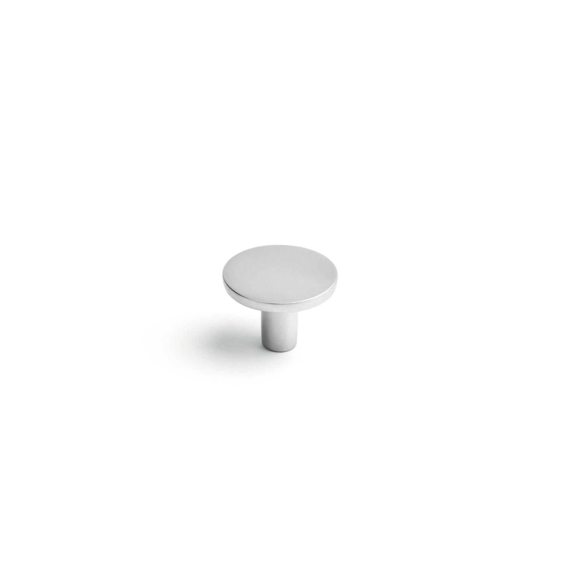 A small stainless steel knob on a white background.