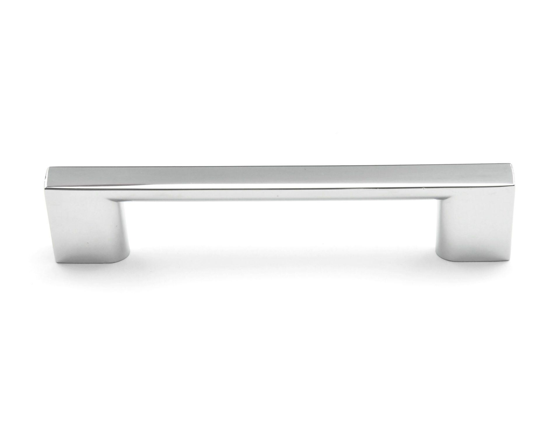 A chrome cabinet handle on a white background.
