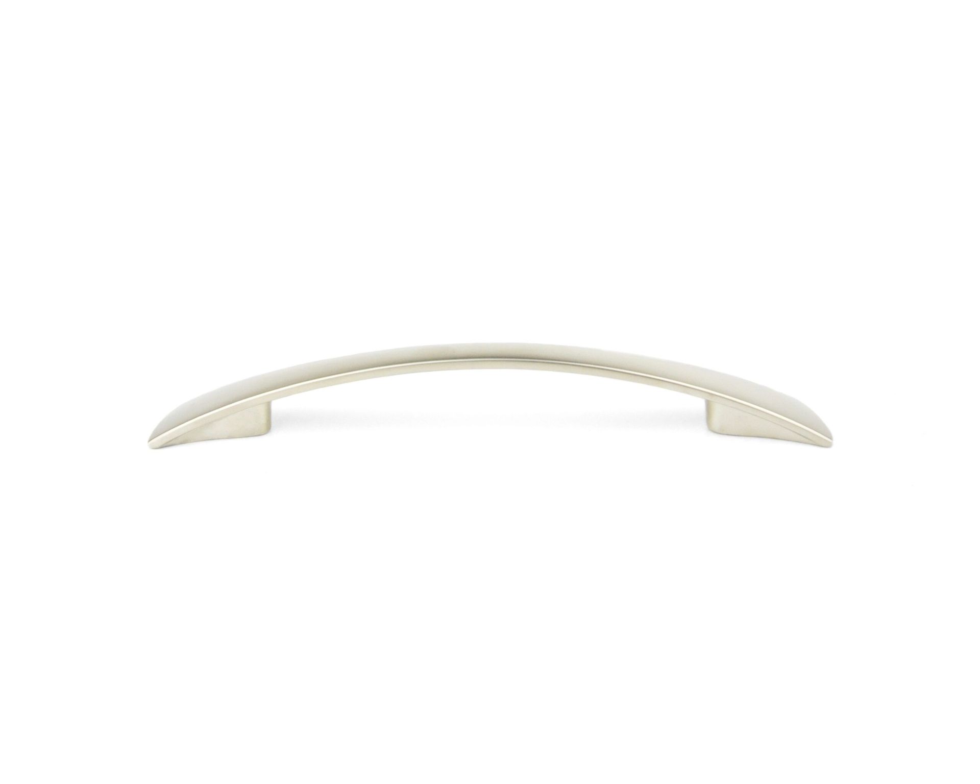 A stainless steel cabinet handle on a white background.