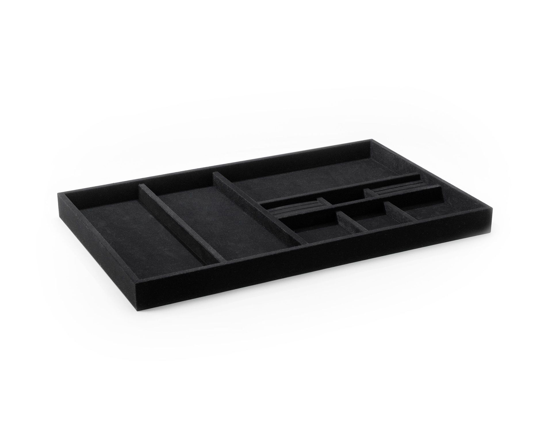 A black tray with dividers on a white background.