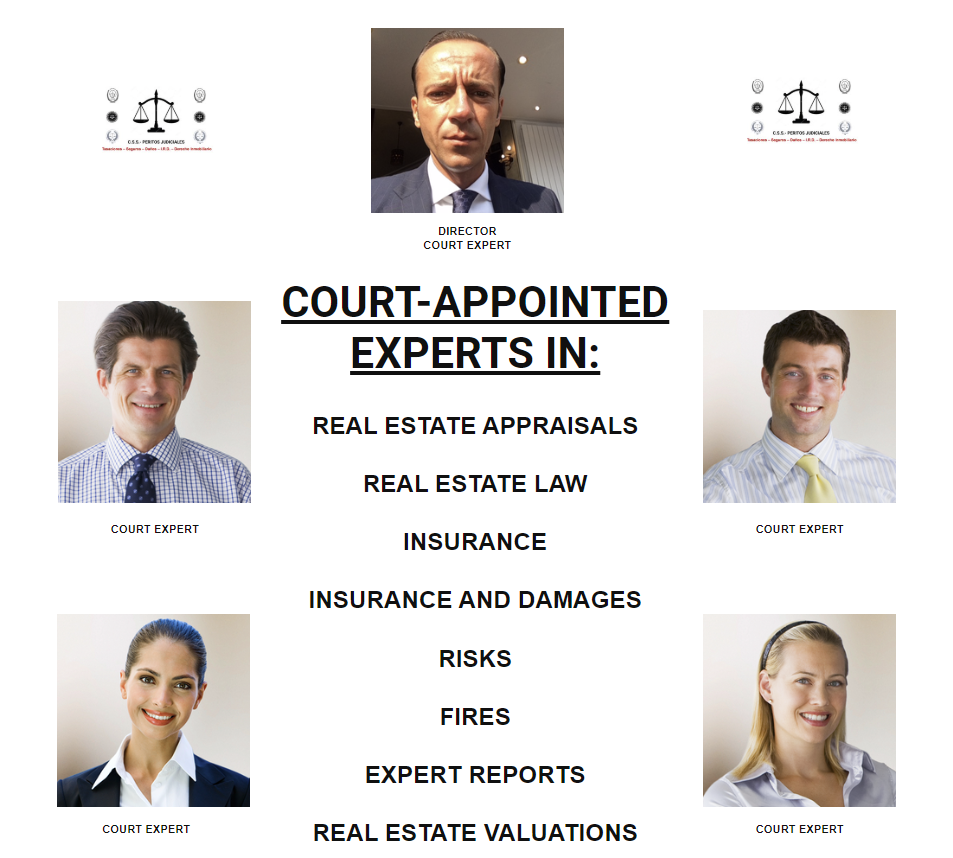 Advert for court-appointed experts. Faces surround a list of services: appraisals, law, insurance, and more.