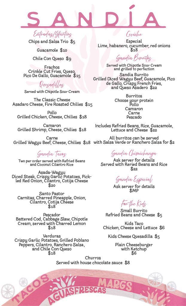 A menu for a restaurant that says sandia on it