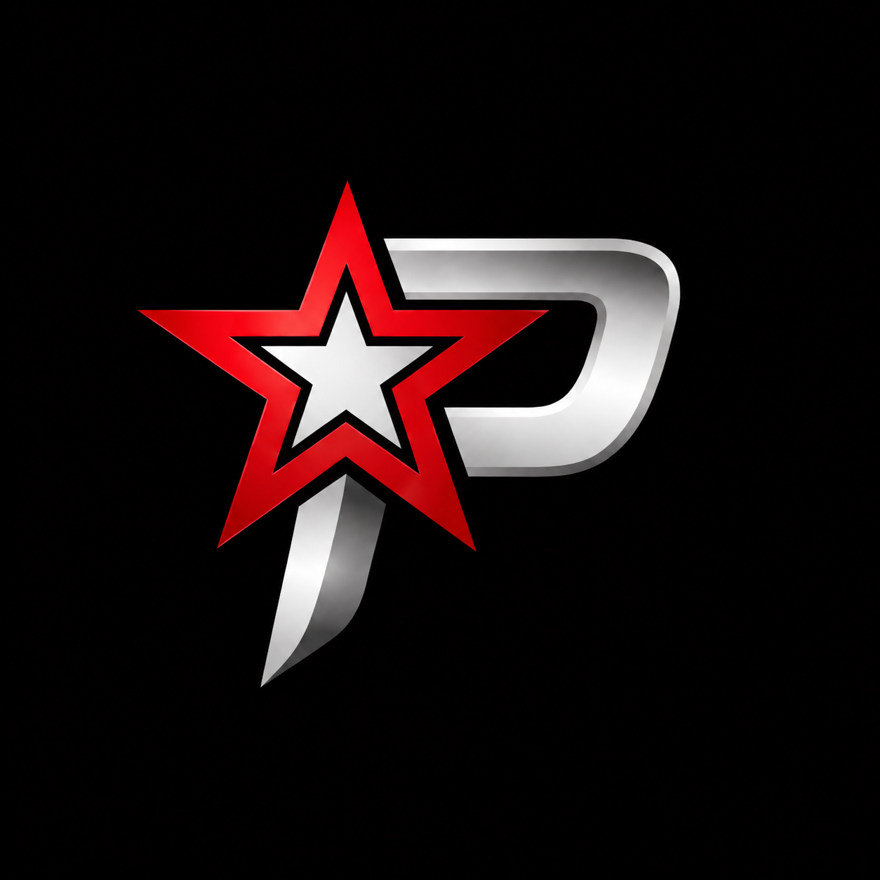 Red and silver star-shaped logo on a black background
