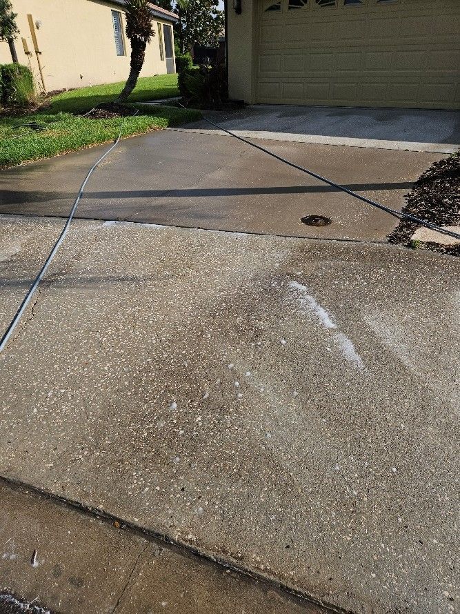 Dirty driveway and sidewalks with algae buildup in Apollo Beach
