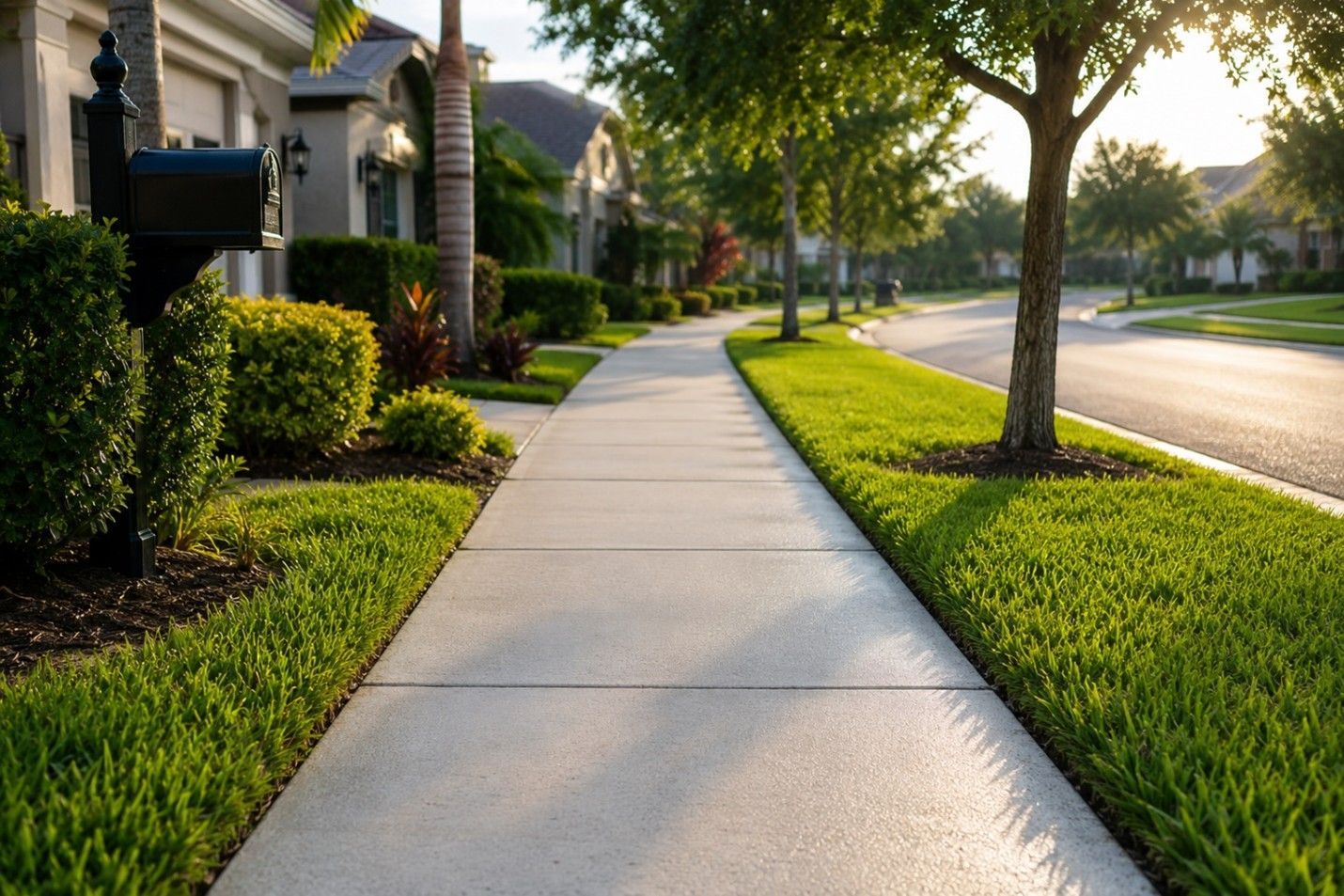 Sunny suburban sidewalk lined with trees, shrubs, and houses beside a quiet street