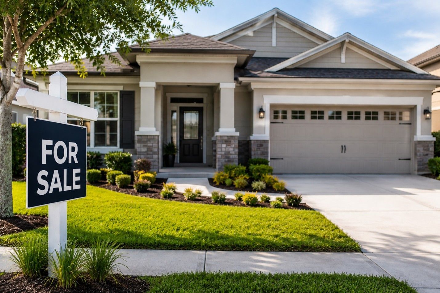 Suburban house with a for-sale sign in the front yard and a two-car garage