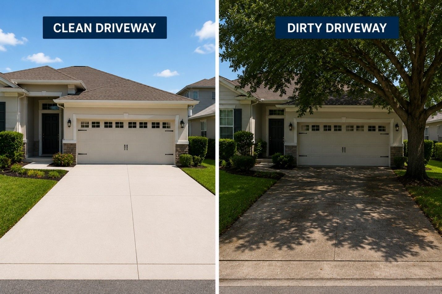 Split image of a clean bright driveway and a dirty shaded driveway in front of a house