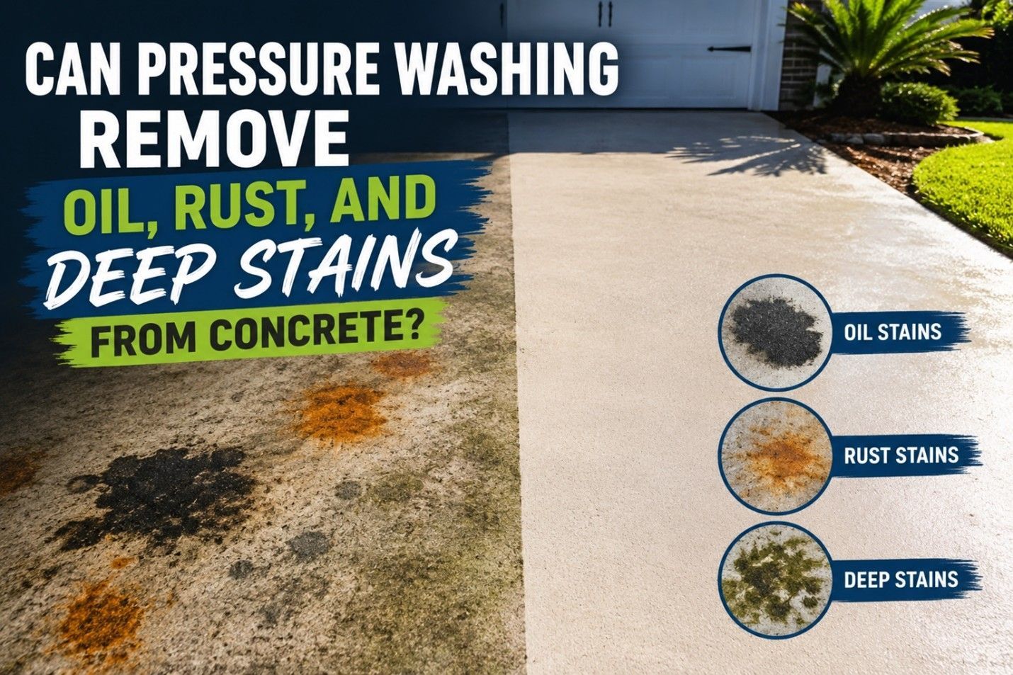 Can pressure washing remove oil, rust, and deep stains from concrete?