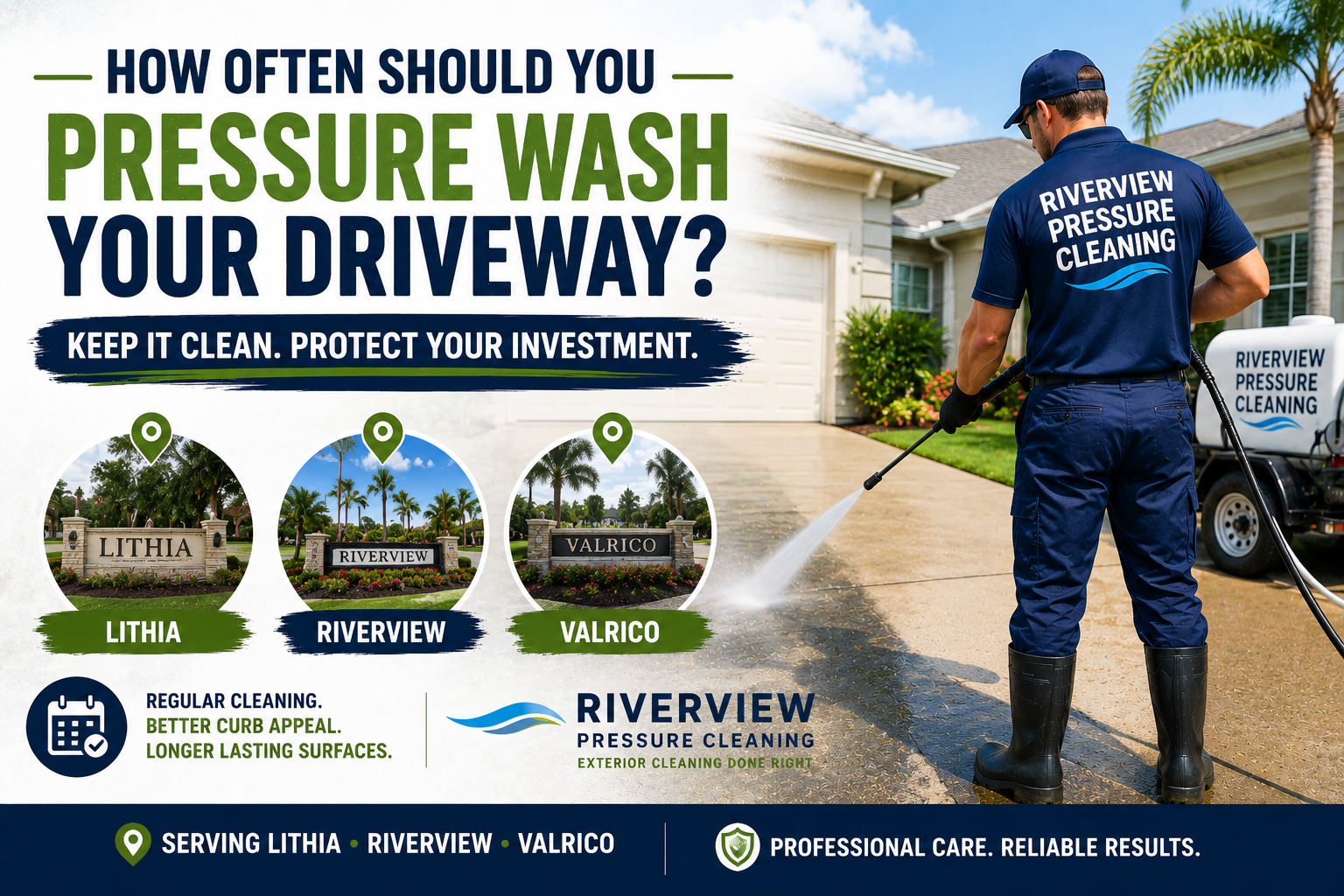 Pressure washing service ad: man cleans driveway beside house, with three foliage icons and Riverview logo.