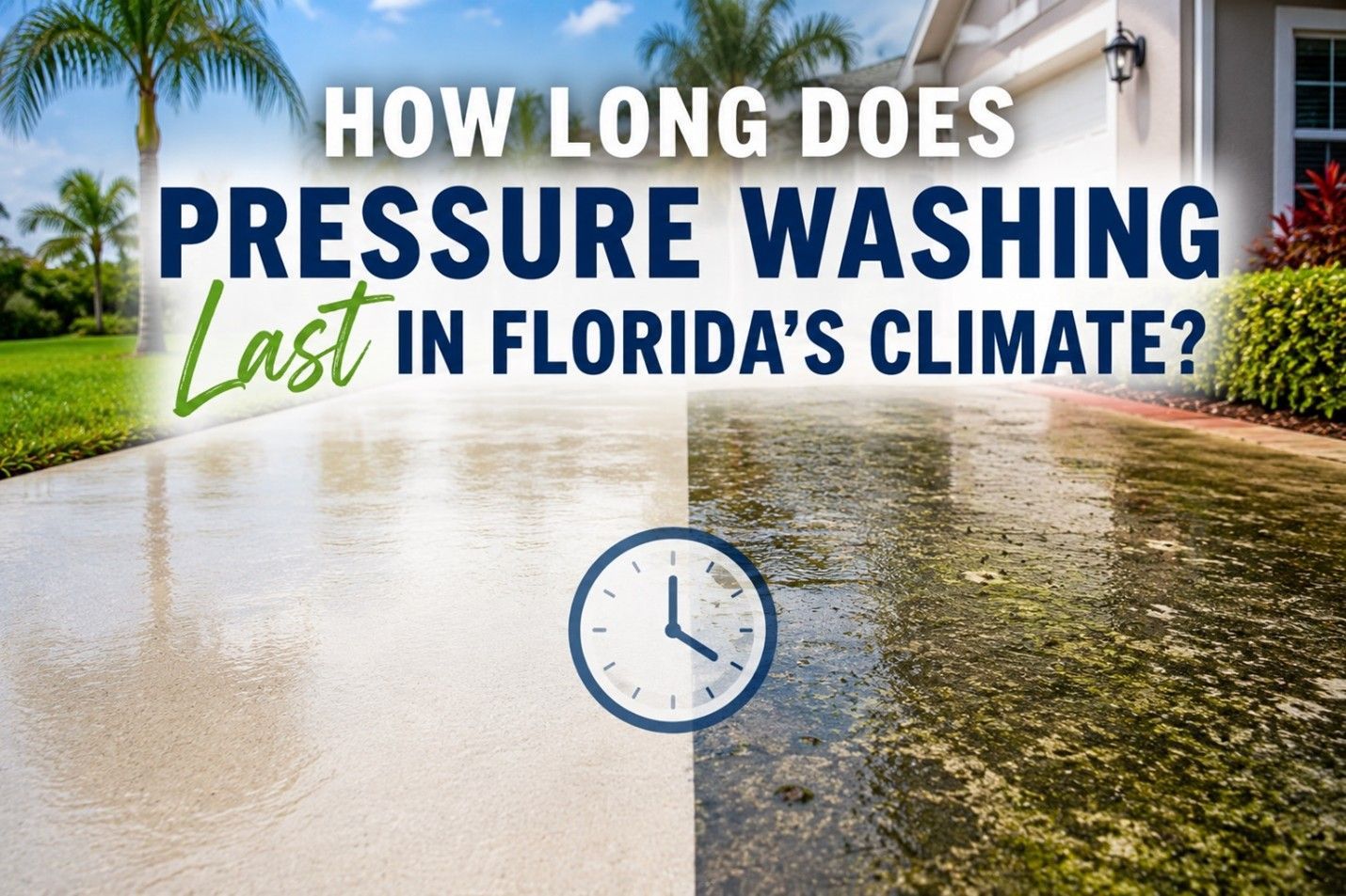 Graphic asking how long pressure washing lasts in Florida’s climate, over wet pavement split before-and-after.