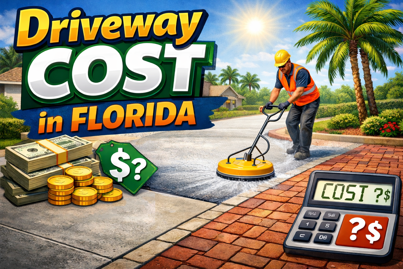 A worker pressure washes a driveway in Florida with a calculator, cash, and