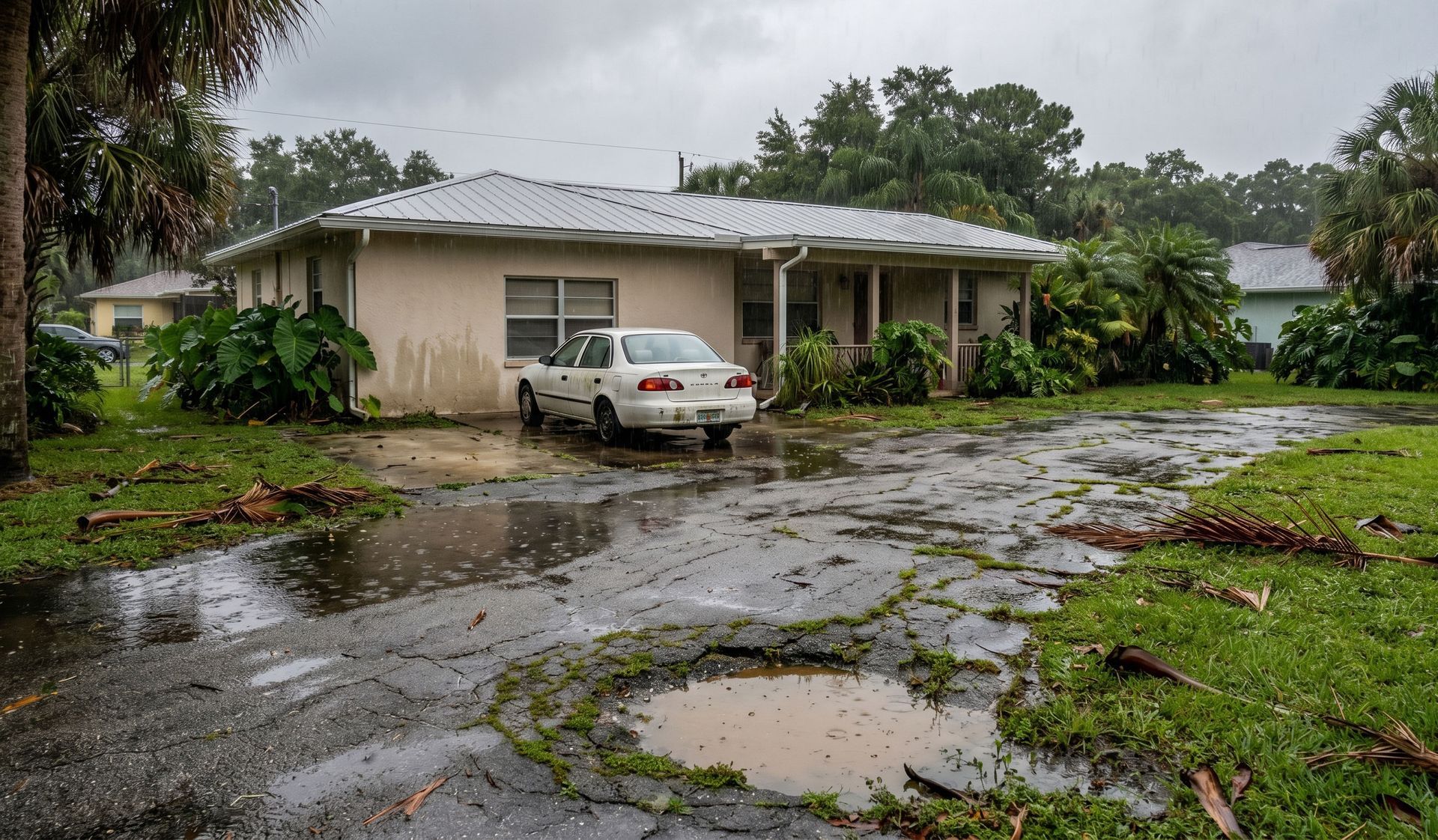 Single-story house with a white car on a wet, flooded driveway after heavy rain