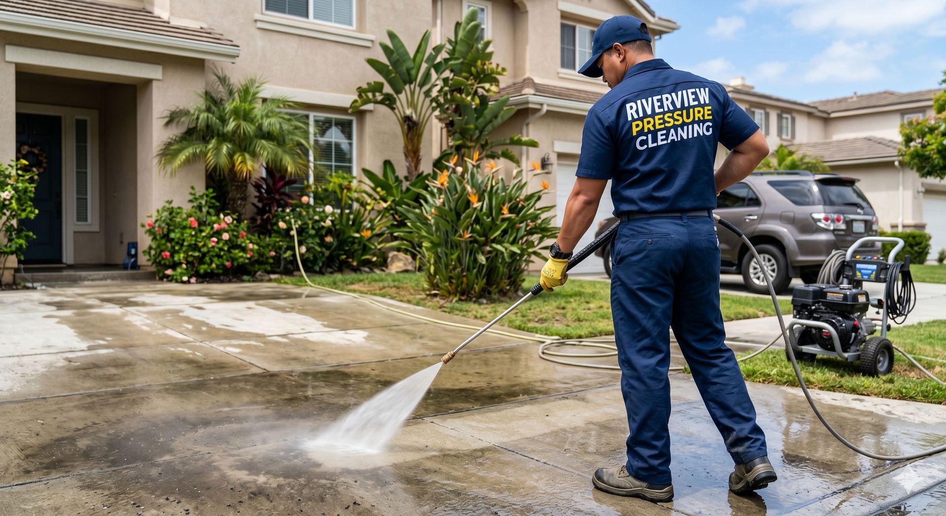 Worker pressure-washes a driveway outside a suburban house with a blue machine and hose.