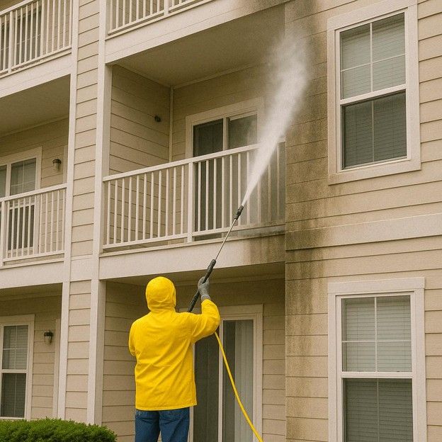 Person in yellow rain jacket pressure-washing the side of an apartment building