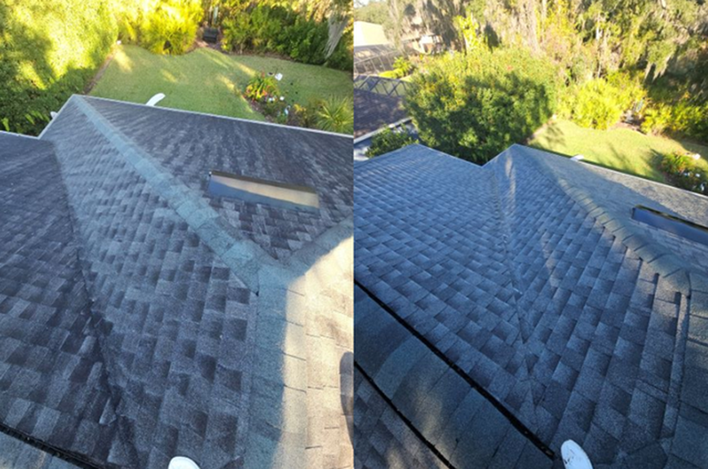 A split-screen view showing a dark grey shingled roof before and after cleaning, revealing a brighter, cleaner appearance.