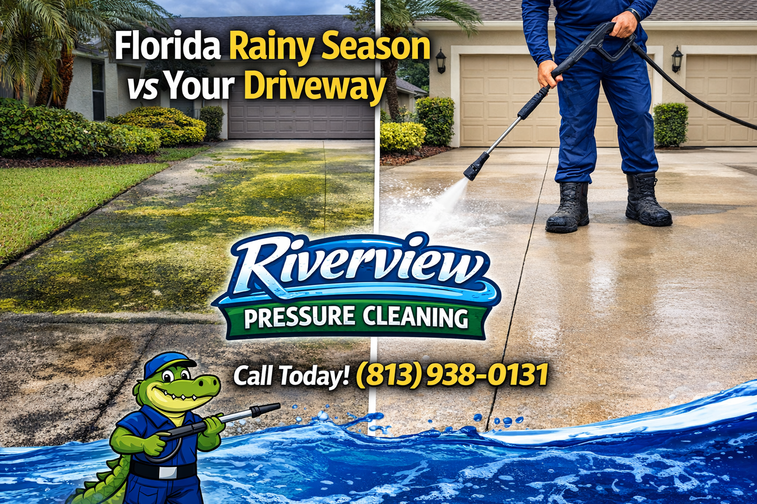 A before-and-after comparison of a driveway being pressure cleaned by Riverview Pressure Cleaning, phone 813-938-0131.