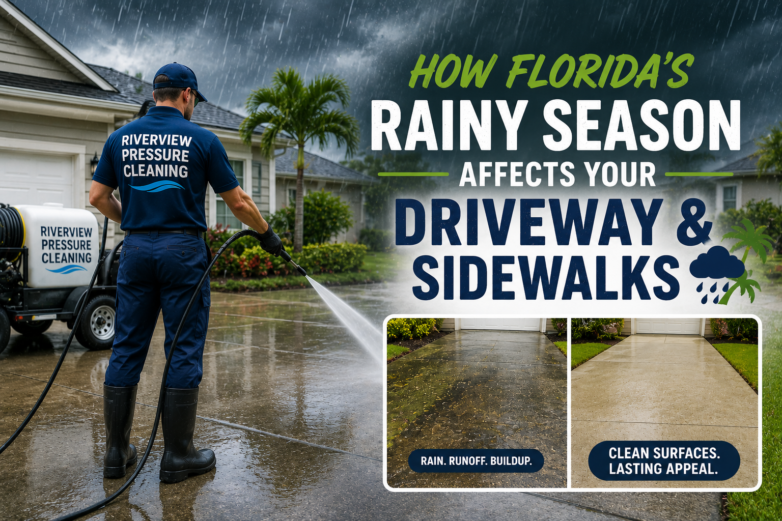 Worker on flooded driveway during rain, with text about Florida's rainy season affecting driveways and sidewalks.