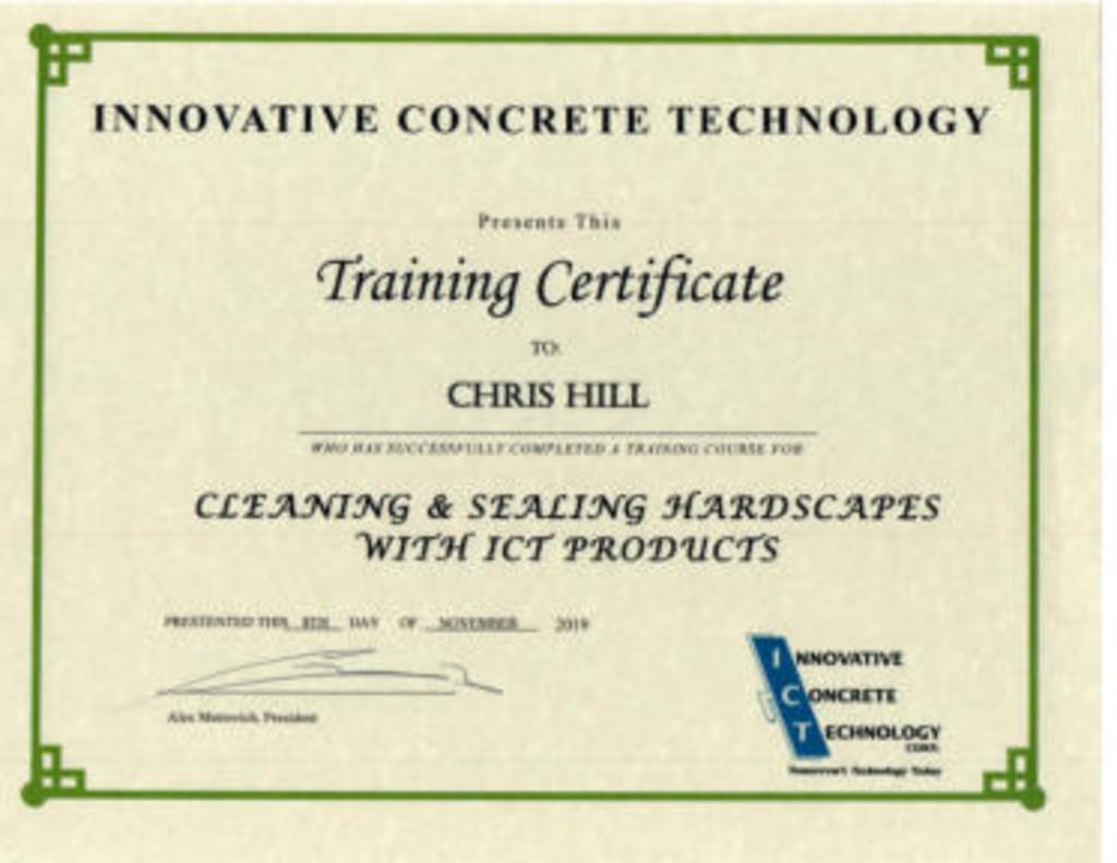 Training Certificate for Cleaning & Sealing Hardscapes with ICT Products