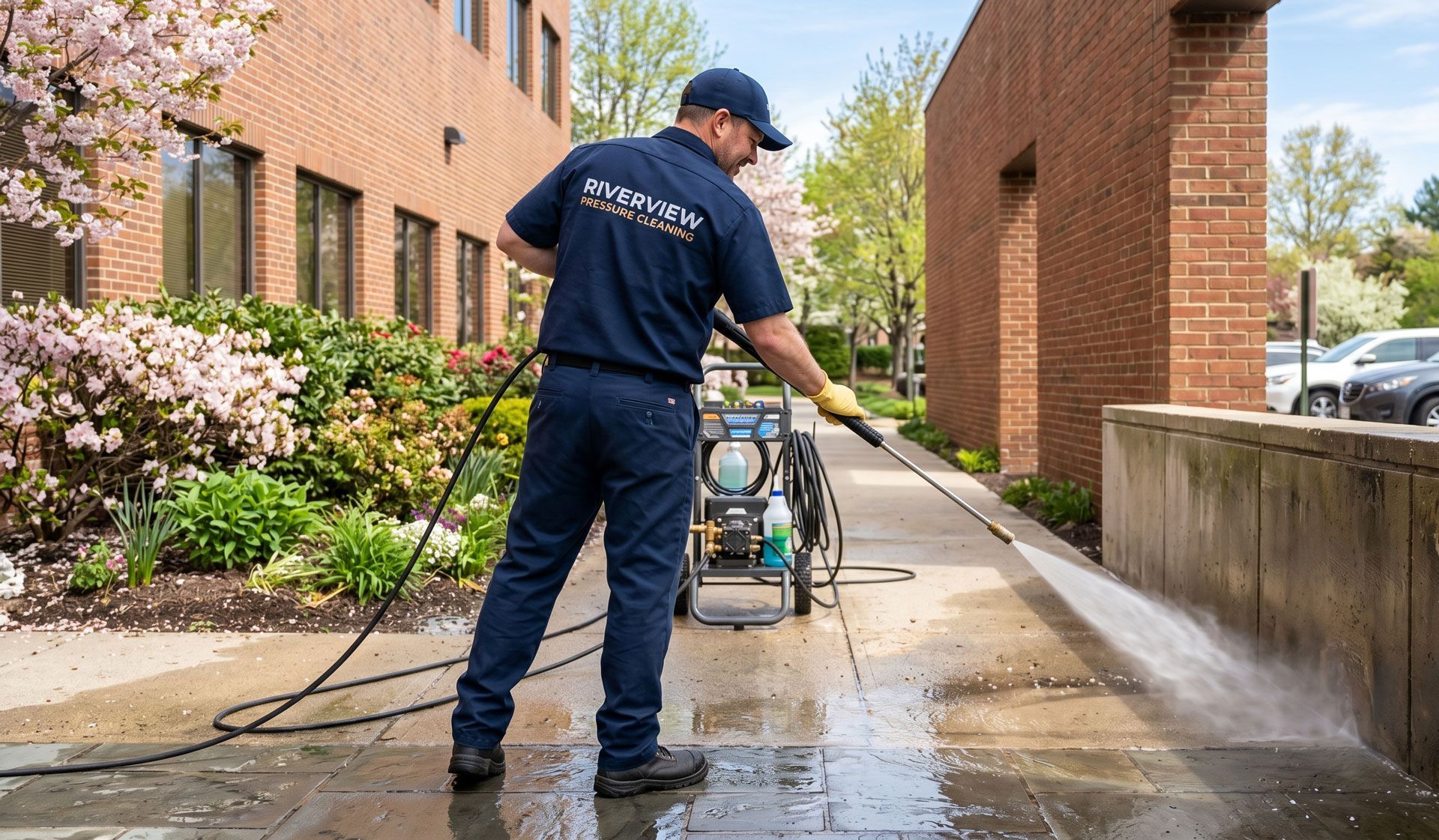 Worker pressure-washes a wet sidewalk beside a brick building on a sunny day