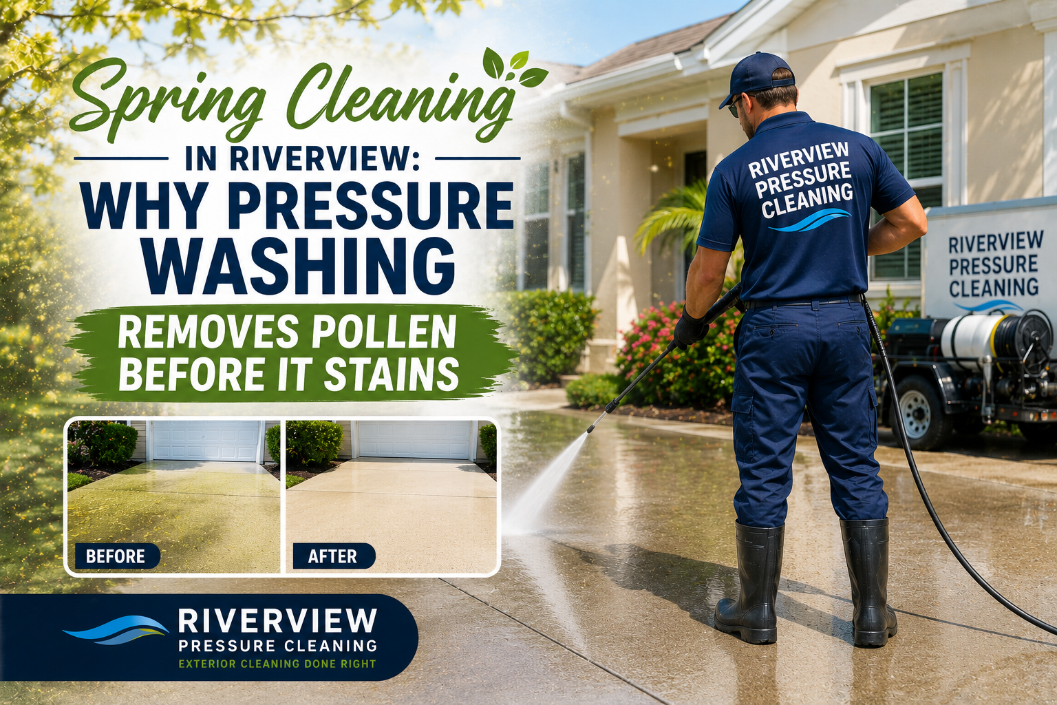 Spring cleaning ad: worker pressure washes a home exterior to remove pollen before it stains.