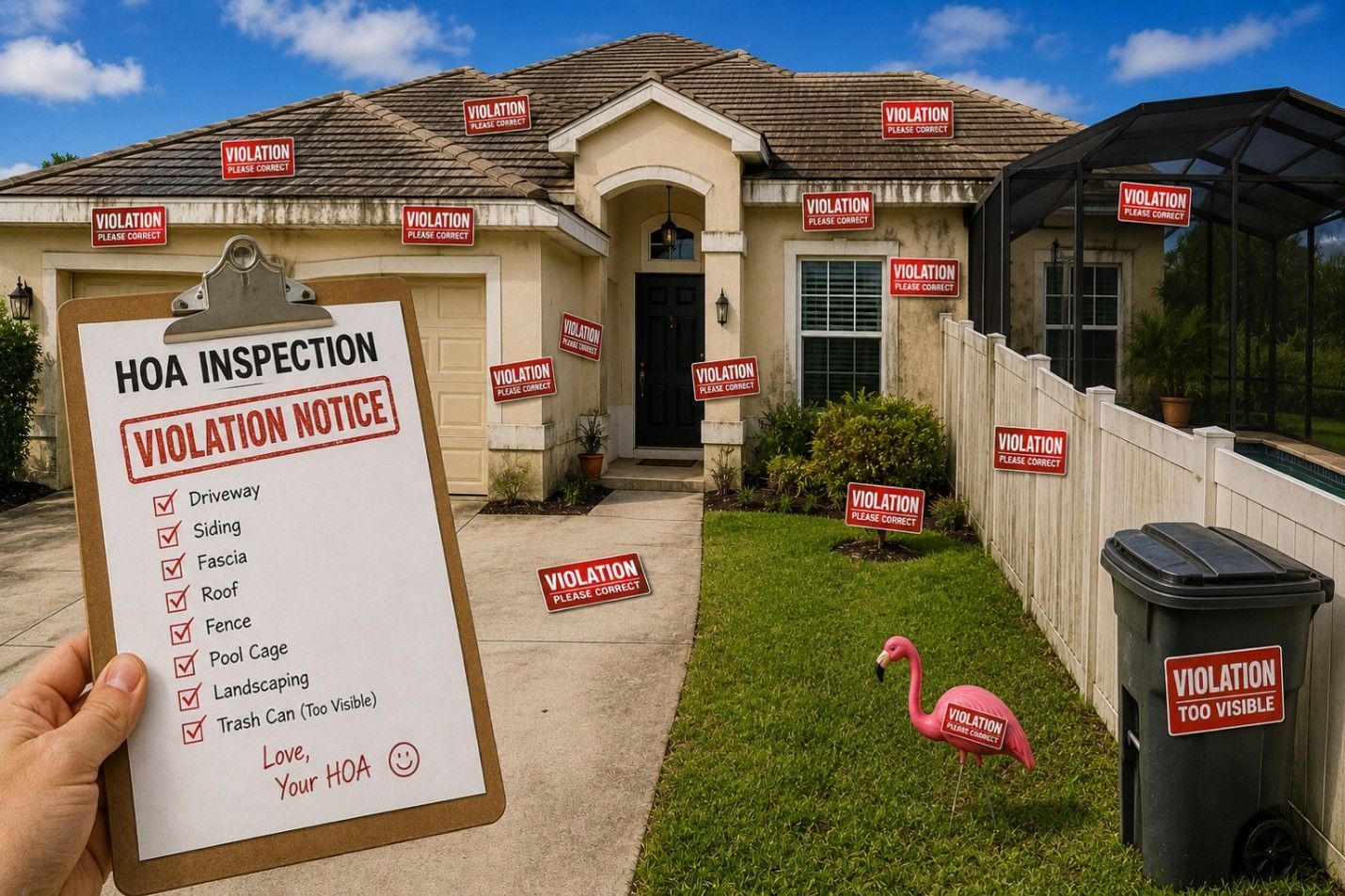 HOA inspection scene with multiple red violation notices posted around a suburban house and yard.