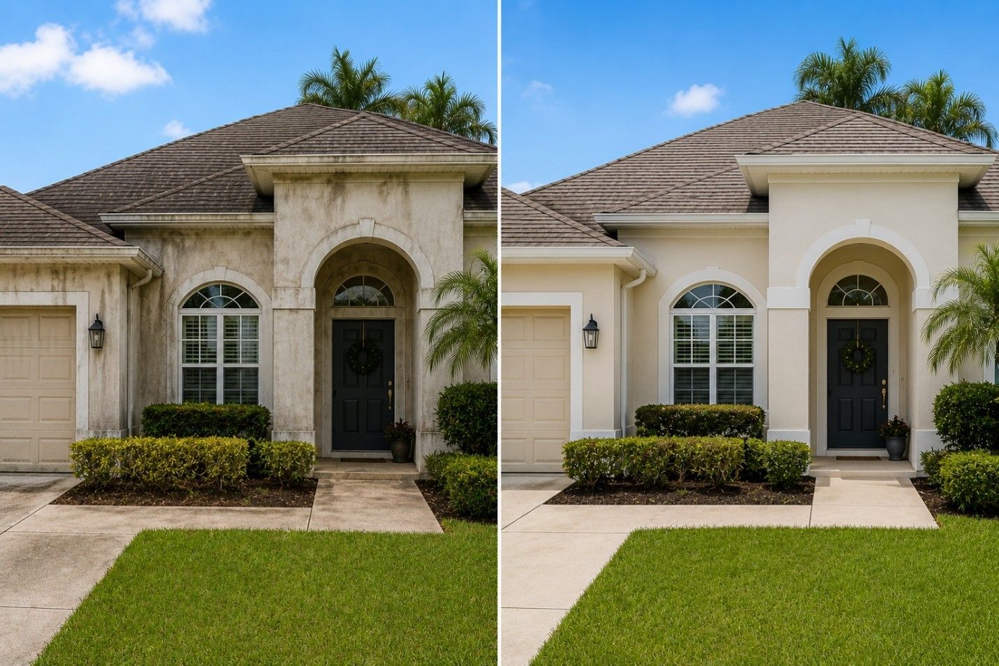 Side-by-side view of a beige stucco house exterior with arched entry, black door, and green lawn
