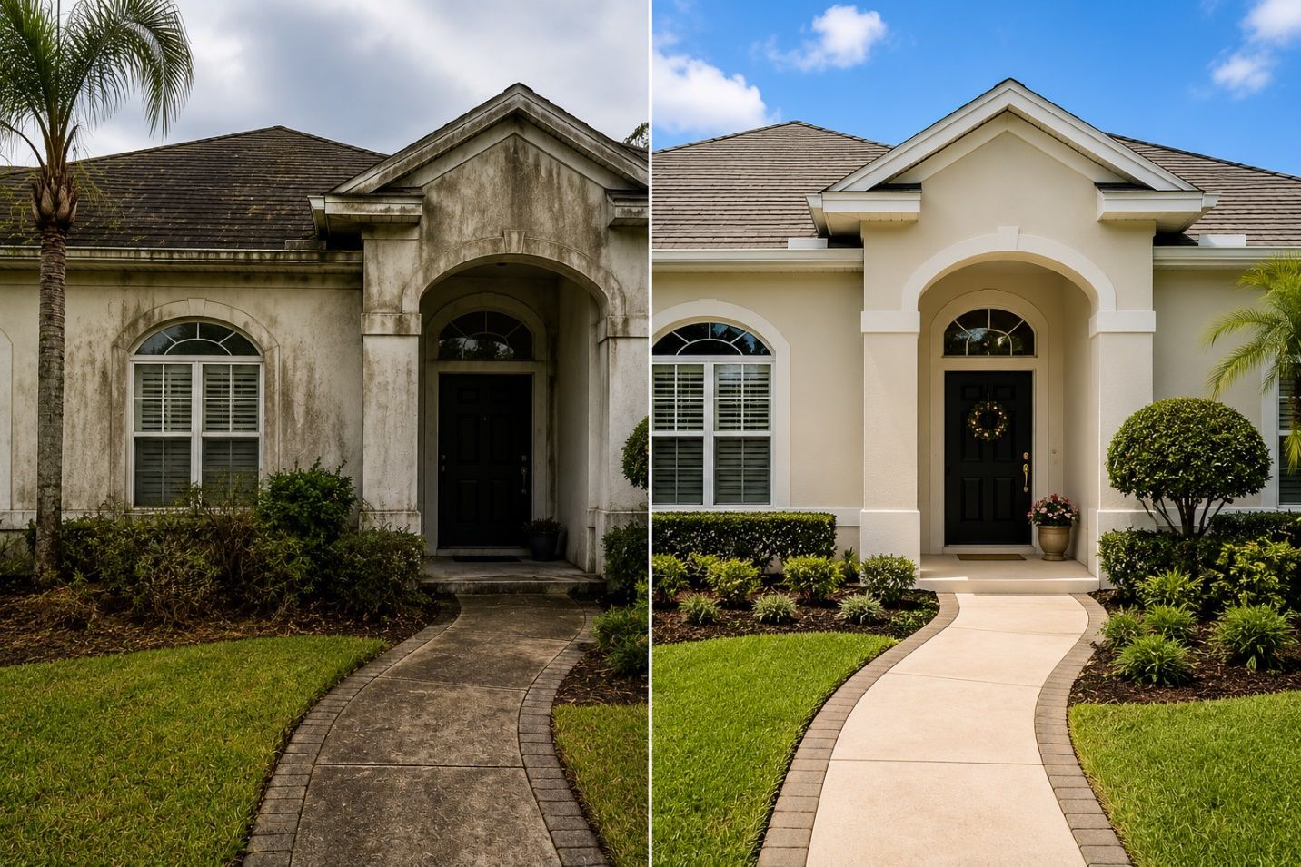 Side-by-side house exterior before and after pressure washing, with cleaner walkway and brighter facade
