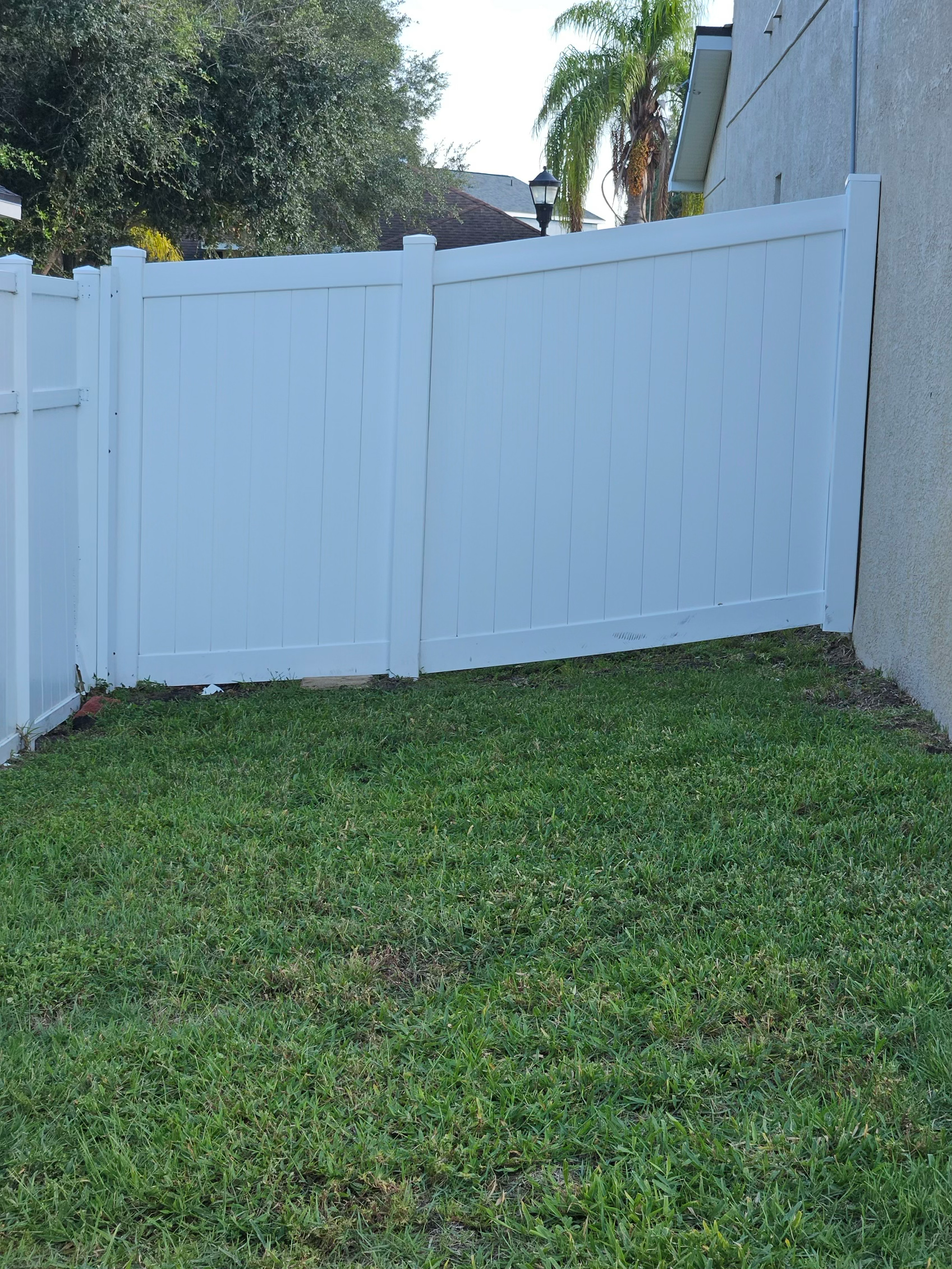 A patch of green grass in front of two white vinyl fence panels situated beside the light-colored wall of a house.