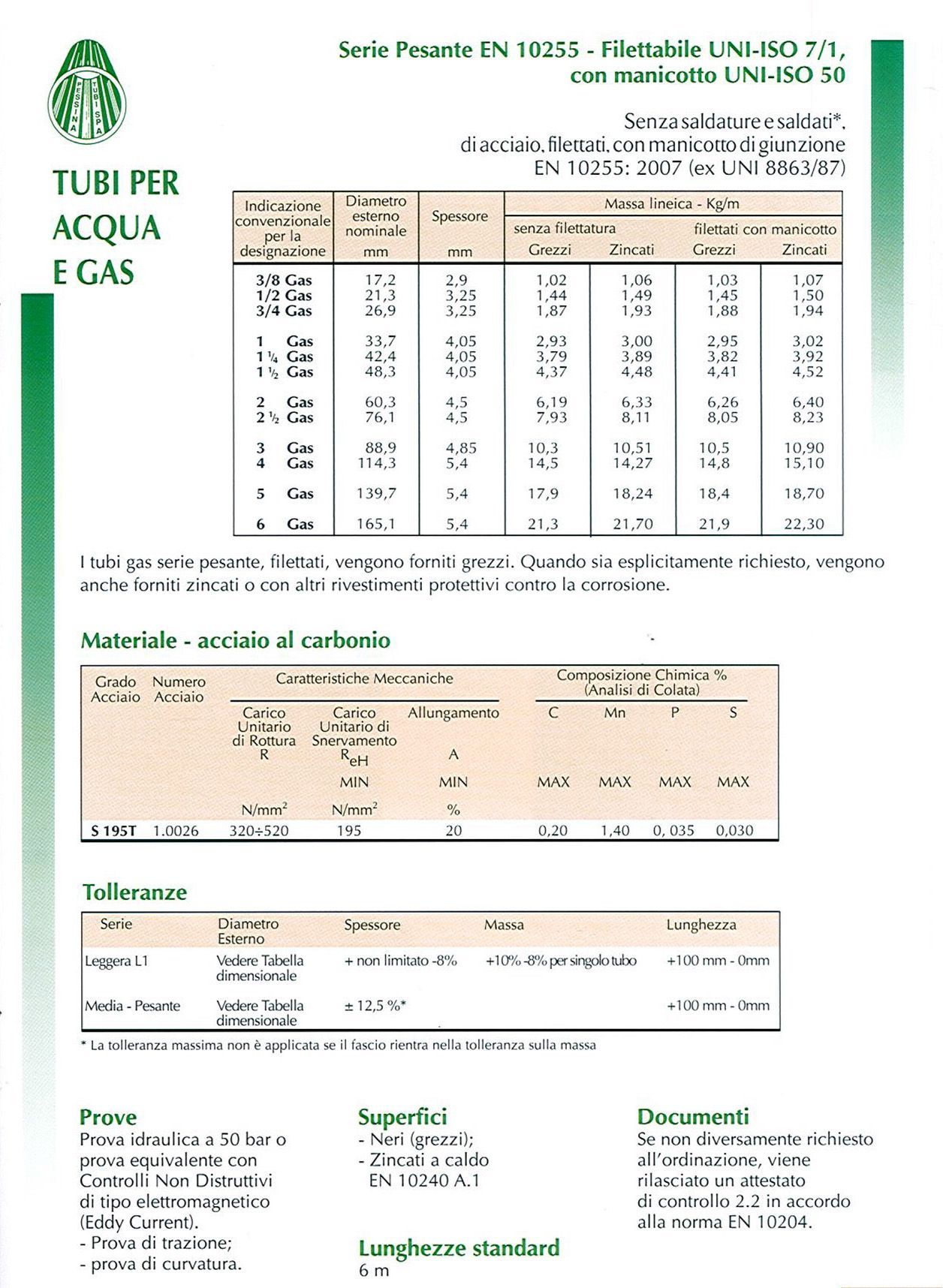 A sheet of paper that says tubi per acqua e gas
