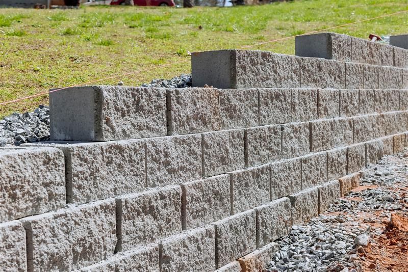 Retaining wall made of gray concrete blocks supporting a grassy hillside.