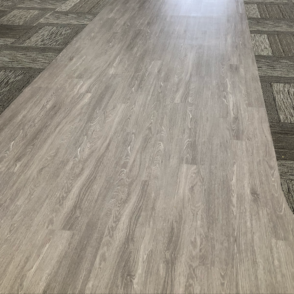 A long gray wooden floor with a carpet in the background.