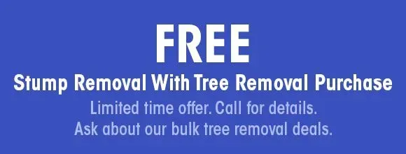 A blue sign that says free stump removal with tree removal purchase