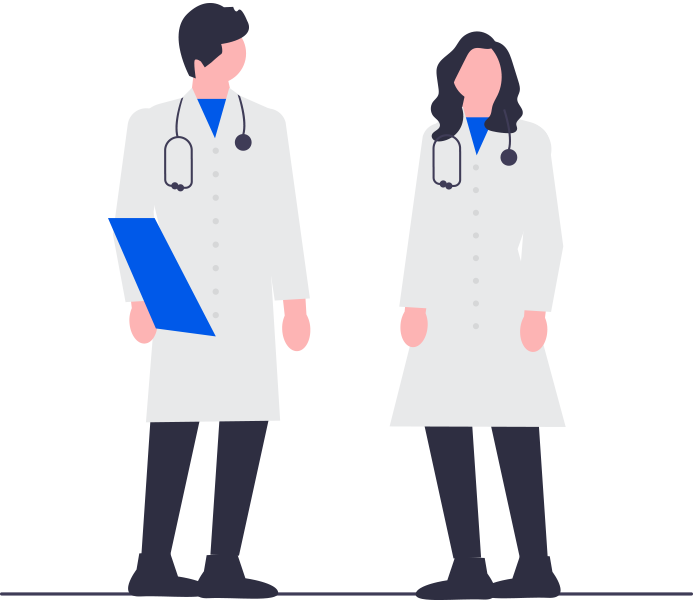 Two doctors in white coats with stethoscopes, one holding a blue clipboard, standing side by side.