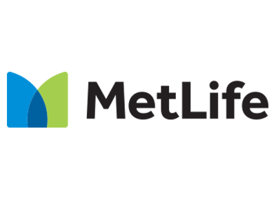 A metlife logo with a blue and green m on a white background.