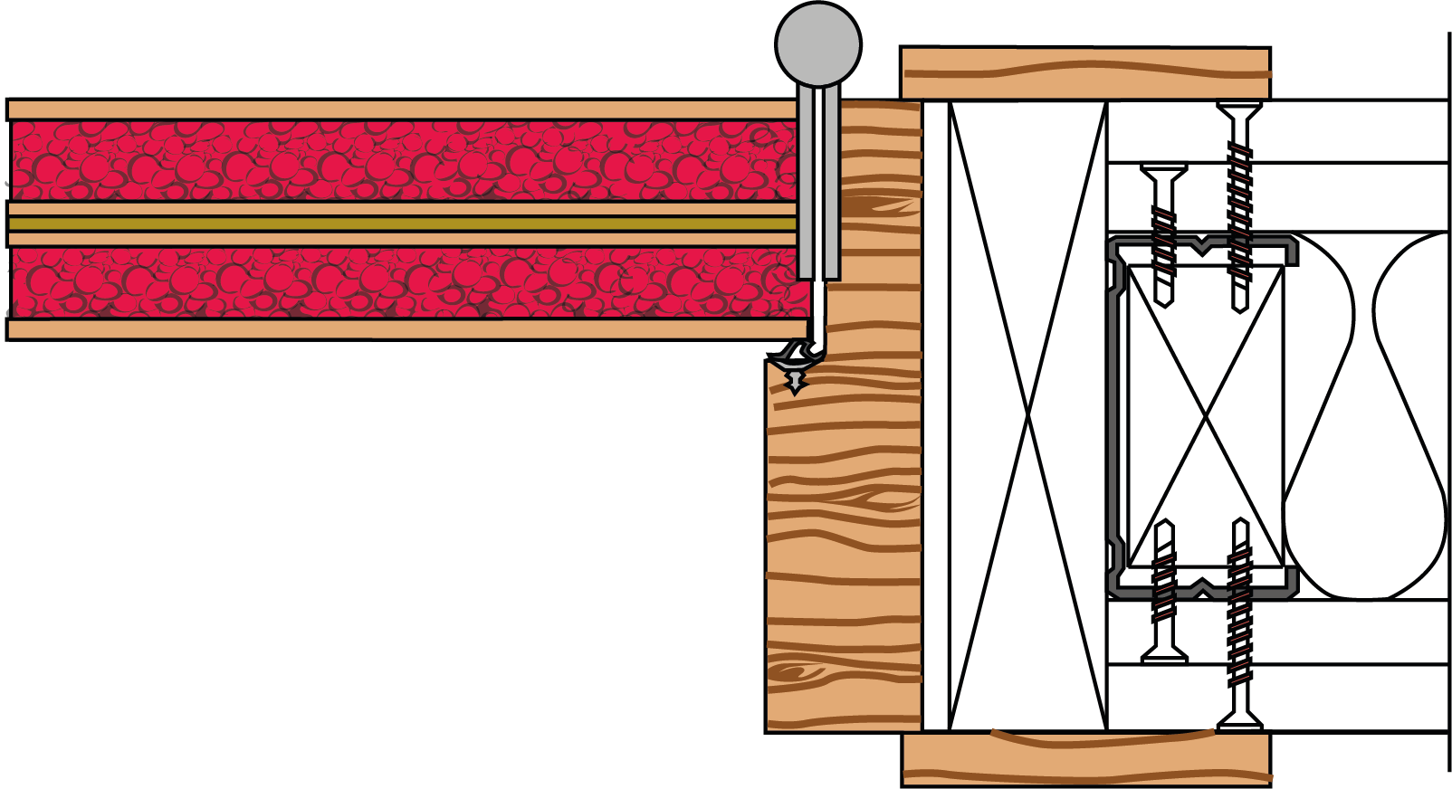 A drawing of a wooden door with a metal frame attached to it.