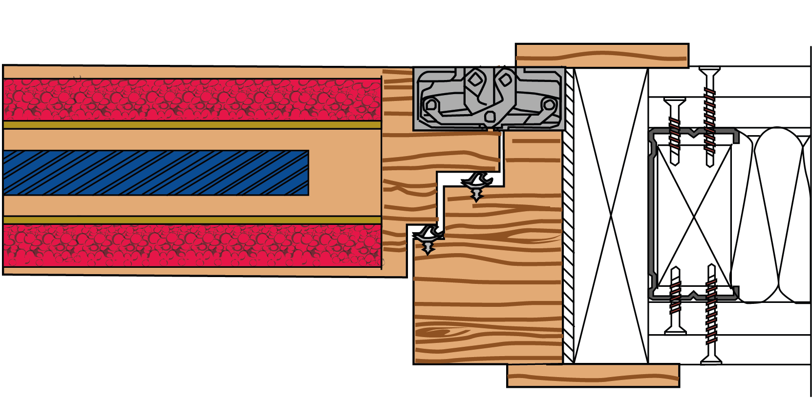 A drawing of a wooden door with a metal frame.