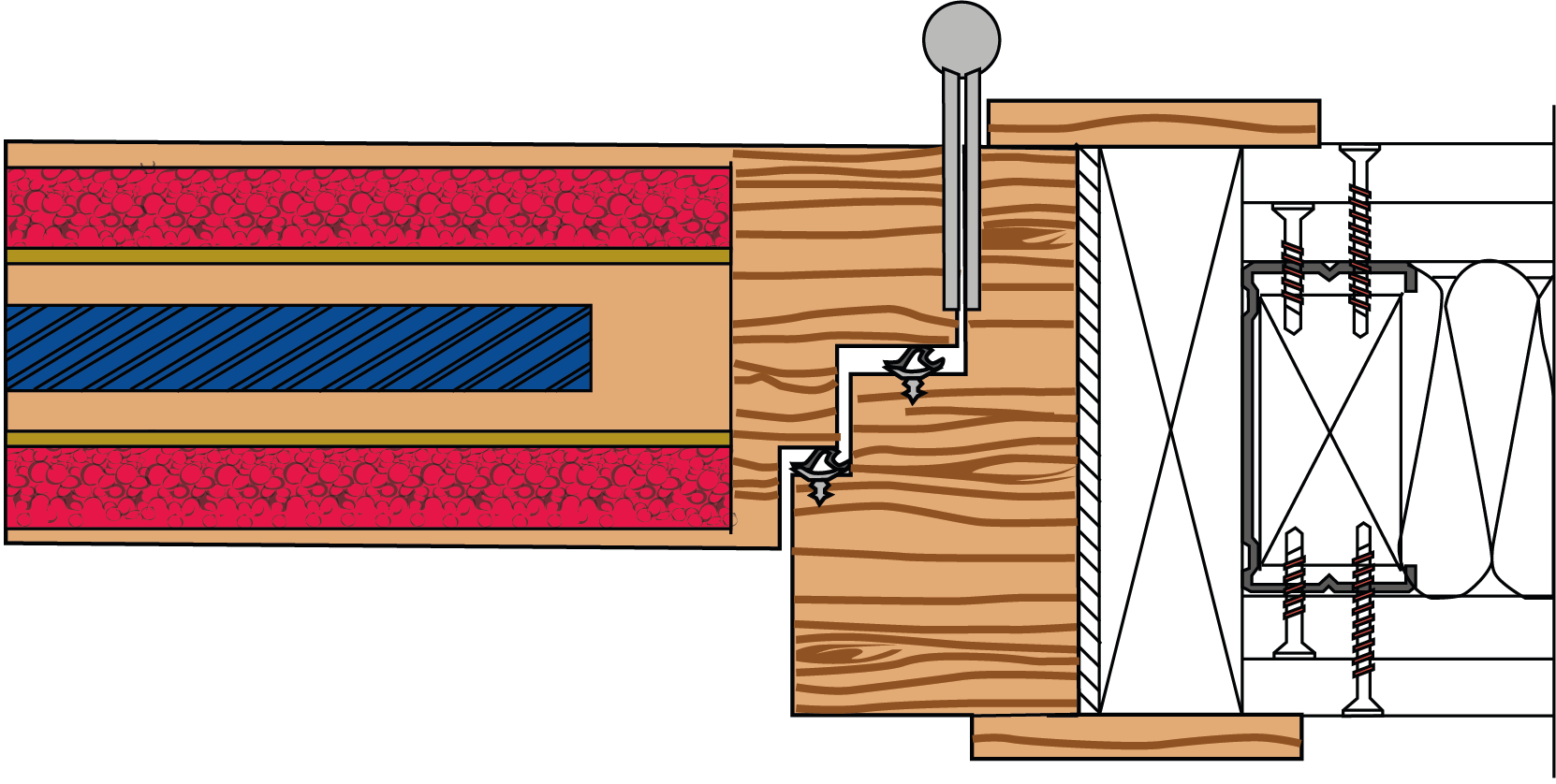 A drawing of a wooden door with a screw in it.