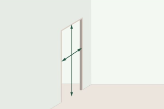 A drawing of a door with measurements on it in a room.