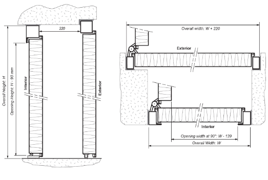 A black and white drawing of a door with measurements on it.