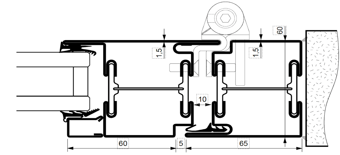 A black and white drawing of a sliding glass door.