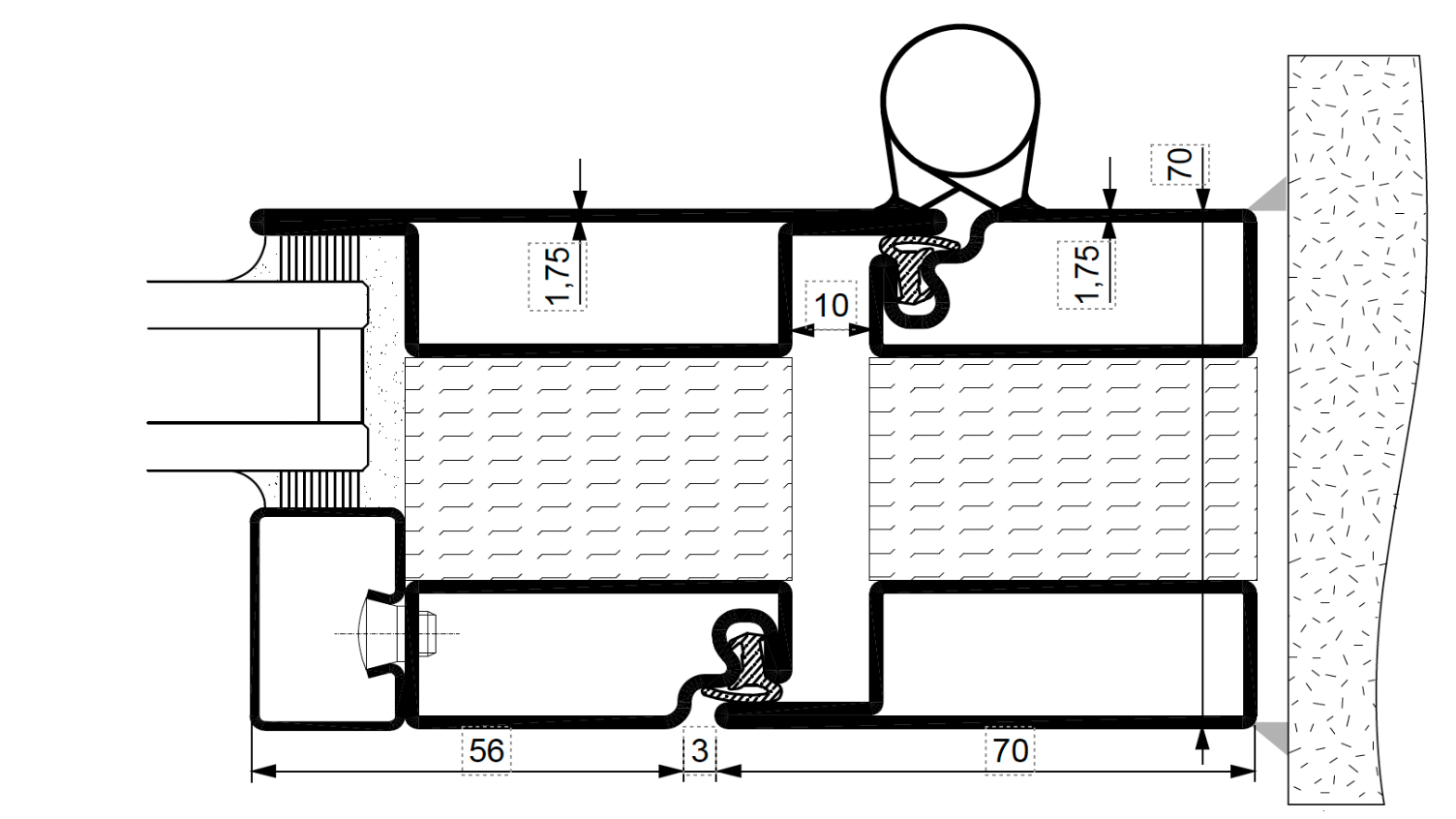A black and white drawing of a sliding glass door with measurements.
