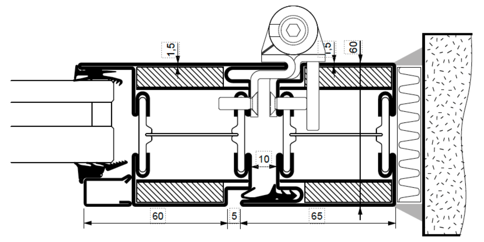 A black and white drawing of a sliding glass door with measurements.