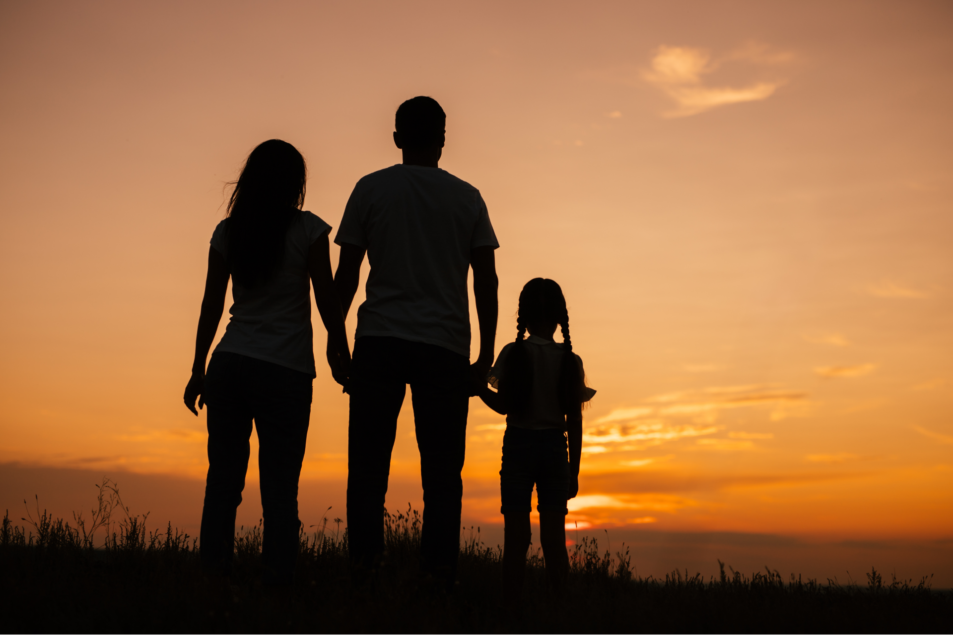 A silhouette of a family holding hands at sunset.