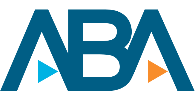 The aba logo is blue and orange with a triangle in the middle.