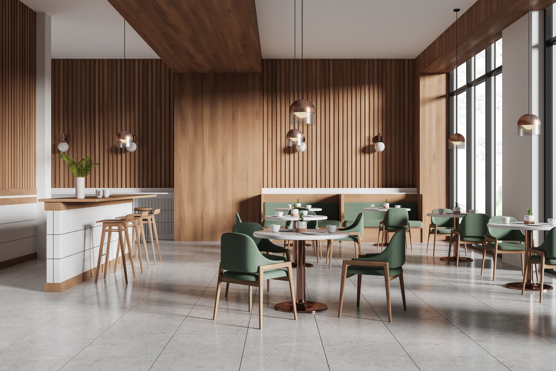 A restaurant with wooden walls and tables and chairs.