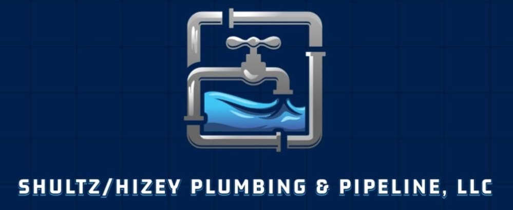 Logo for Shultz/Hizey Plumbing & Pipeline, LLC: a silver pipe and faucet design with water on a blue background.