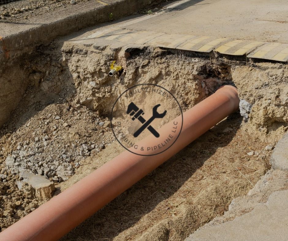 Brown pipe in an open trench alongside a road, part of a plumbing or pipeline project.