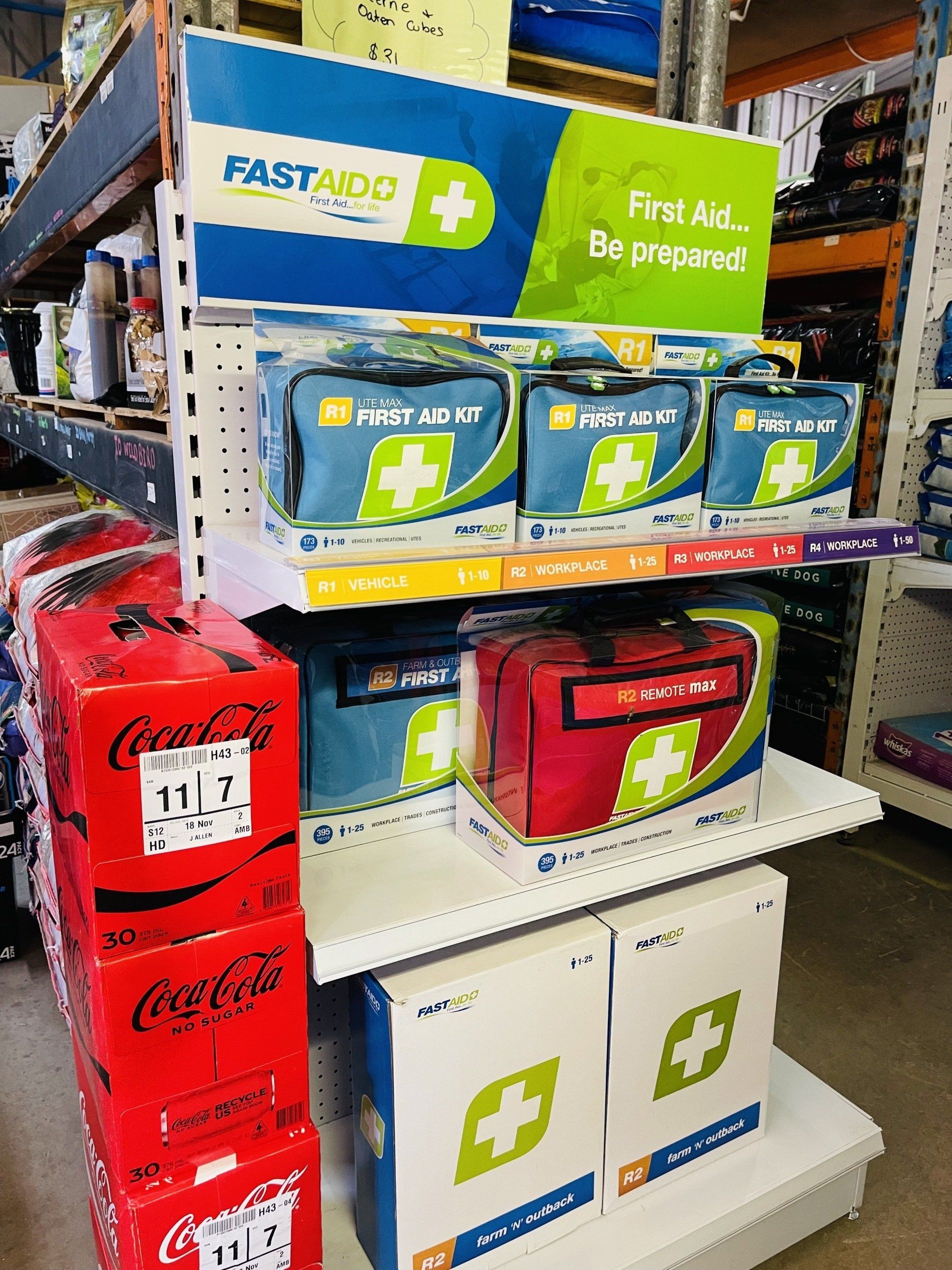 A display of first aid kits in a store